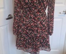 Primark Floral Wrap Mini Dress UK10 Boho Sheer Sleeve Tea Dress Black