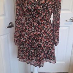 Primark Floral Wrap Mini Dress UK10 Boho Sheer Sleeve Tea Dress Black
