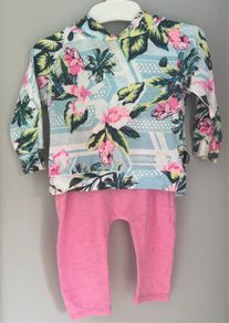 Bonds baby Tropical Floral Hoodie & matching pink leggings Sz 3-6 mths EUC