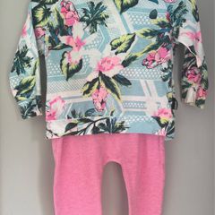 Bonds baby Tropical Floral Hoodie & matching pink leggings Sz 3-6 mths EUC