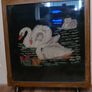 Vintage Fire Screen with Swans Embroidery inset behind glass. Image 3