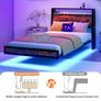 Single Bed Frame with Charging Station and LED Lights, Wood Headboard Image 3