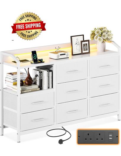 Chest of Drawers Bedroom, 8 Fabric Drawers, 110x30x88cm, White