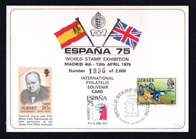 1975 Jersey World Stamp Exhibition Madrid, Spain 4th-13th April 1975 Souvenir Card 1996 of 2000 with show cancel trying 8p six-Horse Plough Commemorative Stamp