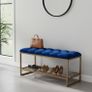 Royal Blue Velvet Bench with Gold Metal Shoe Rack Image 2