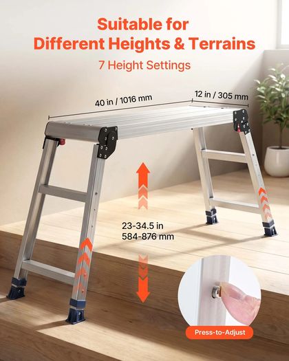 Folding Work Platform, Adjustable Height 584-876 mm, 1016 x 305 mm Aluminum Step Stool, 226.8 kg Load Capacity, Heavy Duty Non-Slip Platform Ladder