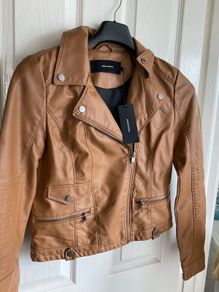 Vero Moda tan leather look biker jacket NWT size S UK 8