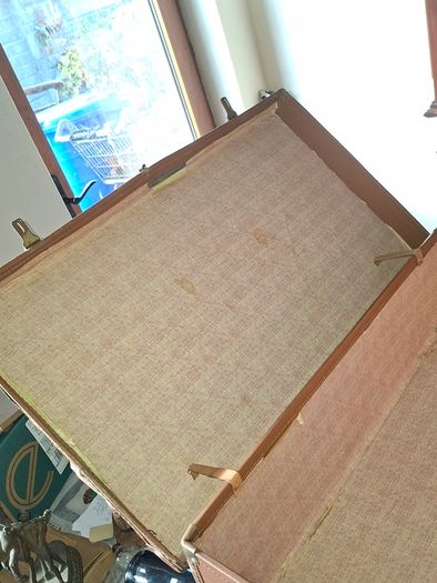 Vintage Hard Travel Suitcase, 1940s to 1950s, featuring a rigid textured brown exterior, metal corner guards, and a molded carry handle, Measurements are in the photo's, Postage Available or Collection