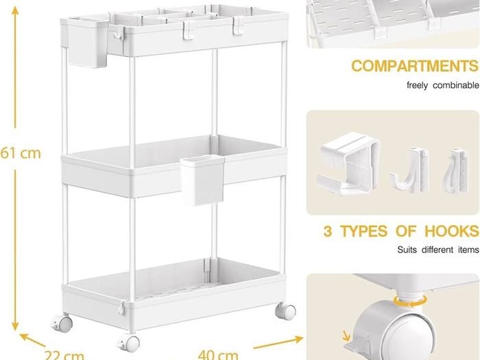 FREE EXPRESS SHIPPING Storage Trolley 3-Tier Rolling Utility Cart Slide Out Shelving Organization Shelf for Laundry Bathroom Kitchen with Small Containers & Hooks White