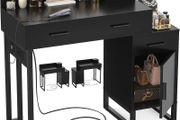 Dressing Table Vanity Desk with 4 Storage Drawers - Modern Makeup Desk with Charging Station, Vanity Desk with Reversible Cabinet Table Set with Divided Organizers for Women Girls