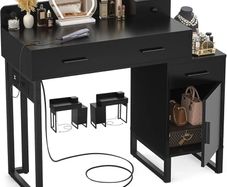 Dressing Table Vanity Desk with 4 Storage Drawers - Modern Makeup Desk with Charging Station, Vanity Desk with Reversible Cabinet Table Set with Divided Organizers for Women Girls