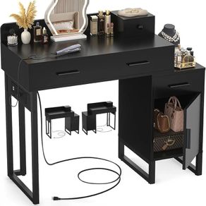 Dressing Table Vanity Desk with 4 Storage Drawers - Modern Makeup Desk with Charging Station, Vanity Desk with Reversible Cabinet Table Set with Divided Organizers for Women Girls