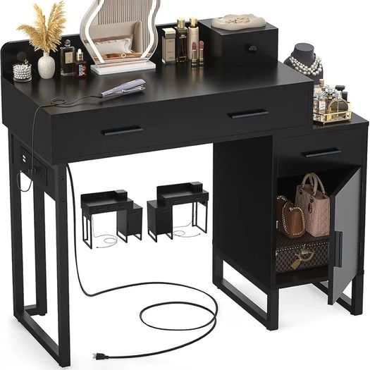 Dressing Table Vanity Desk with 4 Storage Drawers - Modern Makeup Desk with Charging Station, Vanity Desk with Reversible Cabinet Table Set with Divided Organizers for Women Girls