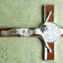 Vintage Religious Large metal and brown enamel Cross Christus Corpus Crucifix INRI and St Benedict charm, St Benedictus Cross pendant charm Image 7