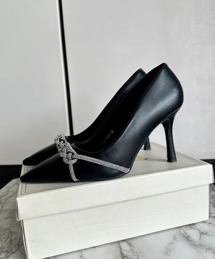 Black pointed toe high heels with rhinestone chain detail - size 40
