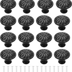 16Pcs Black Cabinet Door Handle, Round Drawer Knobs, Single Hole Cupboard Handle, Mushroom Drawer Handle 30MM Aluminum Alloy Flower Pattern Handle with Screws (FREE POSTAGE)