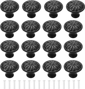 16Pcs Black Cabinet Door Handle, Round Drawer Knobs, Single Hole Cupboard Handle, Mushroom Drawer Handle 30MM Aluminum Alloy Flower Pattern Handle with Screws (FREE POSTAGE)