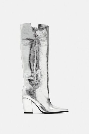 Zara Leather Block Heel Knee-high Boots Silver