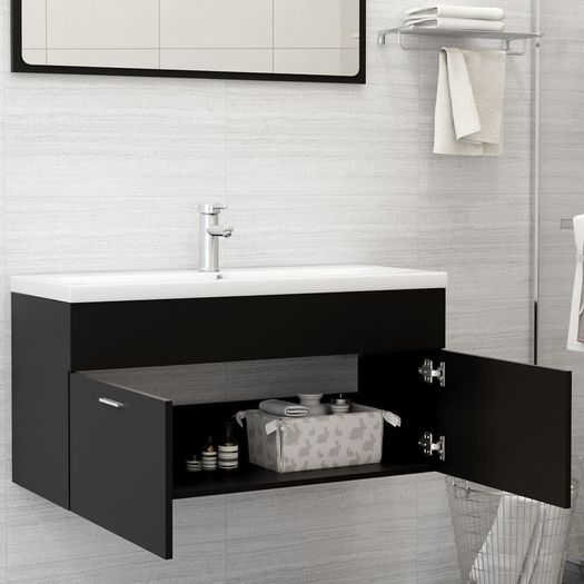 Sink Cabinet with Built-in Basin Black Chipboard