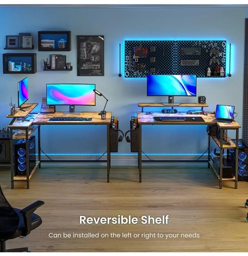 L Shaped Gaming Desk with LED Lights & Power Outlets, 120 x 80cm Corner Computer