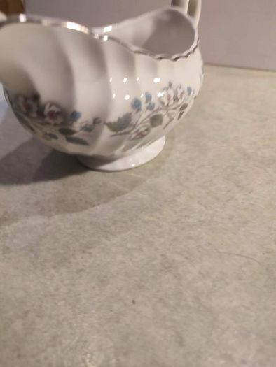 Vintage JB ironstone  Snow White gravy bowl Swirl Edge, Platinum Trim .