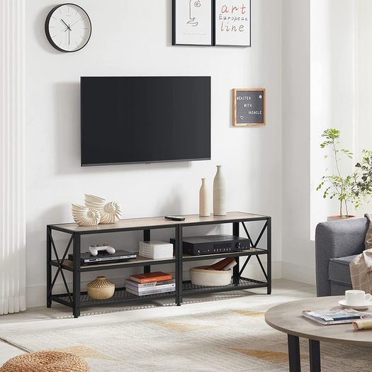 TV Cabinet, TV Table, Lowboard for TVs up to 60 inches, TV Cabinet with Shelves, Steel Frame, TV Shelf for Living Room, Bedroom, Greige-Black