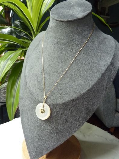 14ct Gold Mother of Pearl Pendant and 9ct Gold Chain Necklace. Chinese Character Design.