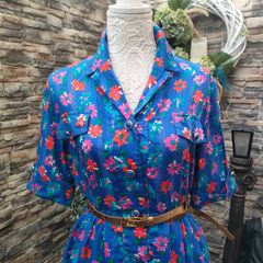 Vintage French blue floral shirt dress