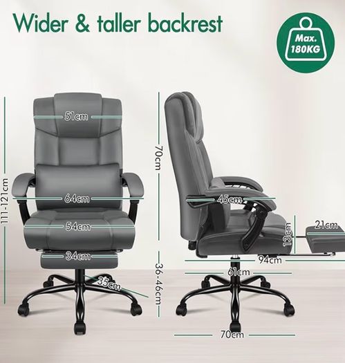 Office Chair for Home Office, Ergonomic PC Gaming Chair with Footrest Lumbar Support Armrests, Comfy High Back 150 Reclining Computer Chairs, 180KG Loads, PU Leather, Grey