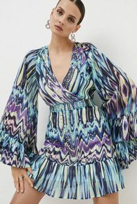 New With Tags Karen Millen Tie Dye Studded Woven Mini Drama Kimono Dress