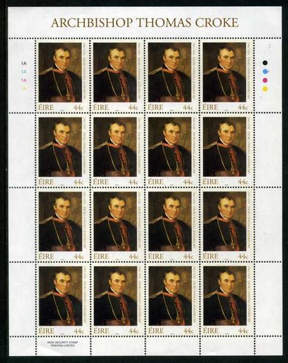 2002 Ireland Death Centenary of Archbishop Croke (First Patron of the GAA) Stamp Sheetlet 1A1A1A1A Mint Never Hinged (MNH)