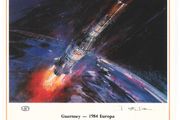 1984 Guernsey Limited Edition Lithographed Print measuring 333mm X 257mm showing  Europa (CEPT 125th Anniversary Logo) Commemorative stamps &amp; ship blasting into space with First Day of Issue Cancel