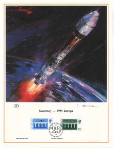 1984 Guernsey Limited Edition Lithographed Print measuring 333mm X 257mm showing  Europa (CEPT 125th Anniversary Logo) Commemorative stamps & ship blasting into space with First Day of Issue Cancel