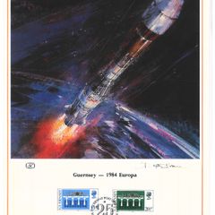 1984 Guernsey Limited Edition Lithographed Print measuring 333mm X 257mm showing  Europa (CEPT 125th Anniversary Logo) Commemorative stamps & ship blasting into space with First Day of Issue Cancel