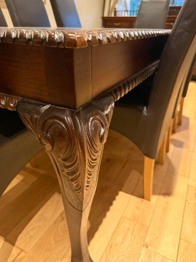 Exquisite Hand-Carved Dining Table & 8 Leather Dining Chairs