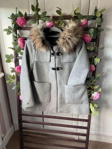 jacket Zara grey wool hooded jacket with fur medium