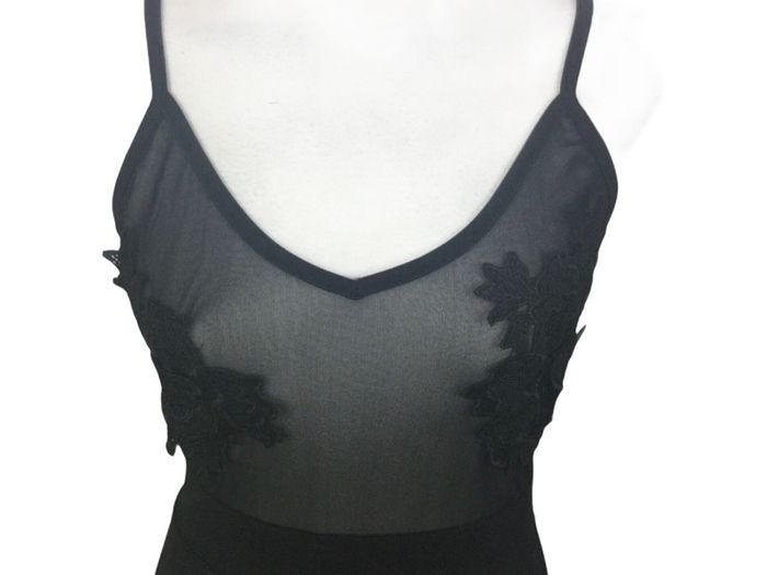 Ladies Black Sexy Strappy Pencil Dress With Embroidered Floral Chest Area Uk 8 includes postage
