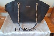 Furla Black Leather Handbag with silver chain straps