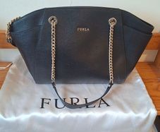 Furla Black Leather Handbag with silver chain straps