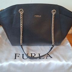 Furla Black Leather Handbag with silver chain straps