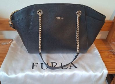 Furla Black Leather Handbag with silver chain straps