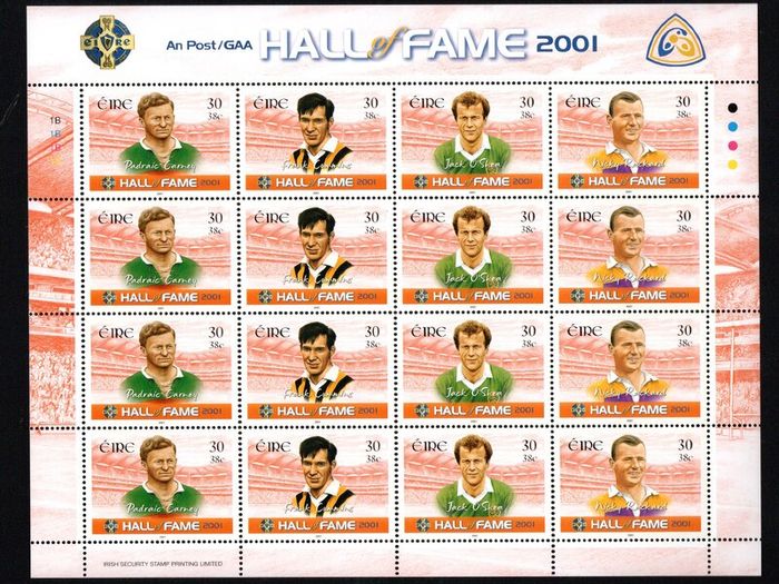 2001 Ireland GAA Hall of Fame (Padraic Carney, Frank Cummins, Jack O'Shea & Nicky Rackard) Stamp Sheetlet Plate 1B1B1B1B Mint Never Hinged (MNH)