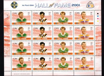 2001 Ireland GAA Hall of Fame (Padraic Carney, Frank Cummins, Jack O'Shea & Nicky Rackard) Stamp Sheetlet Plate 1B1B1B1B Mint Never Hinged (MNH)