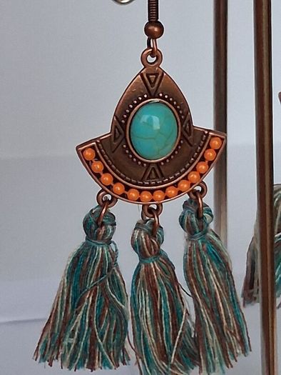 Antique Copper Turquoise Fan Tassel Earrings