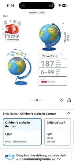 3D puzzle children globe  26.7cm height 180 numbered puzzle