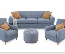 3 seater sofa with 2 armchairs and storage pouffe
