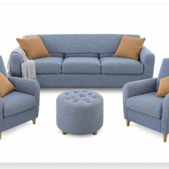 3 seater sofa with 2 armchairs and storage pouffe