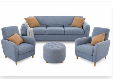 3 seater sofa with 2 armchairs and storage pouffe