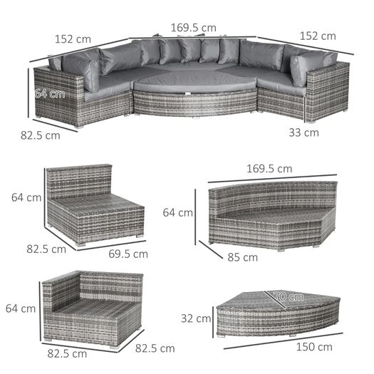 6 PCs Outdoor Rattan Wicker Sofa Set Bonzer Half Round Patio Conversation Furniture Set w/ Angled Corner Design, Cushions Grey