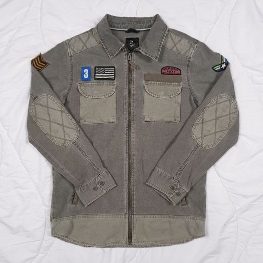 Art Class Grey Khaki Charcoal Patchwork Military Utility Jacket with Patches 8UK/36EU